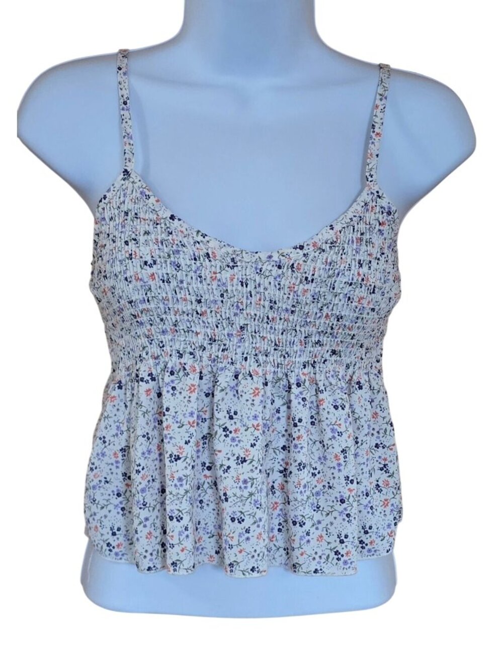 Floral Shirred Babydoll Tank Top S Smocked Straps flower power cottagecore boho